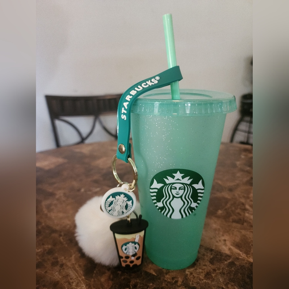 Starbucks Reusable Glitter "Light Green" Cup with Starbucks Keychain